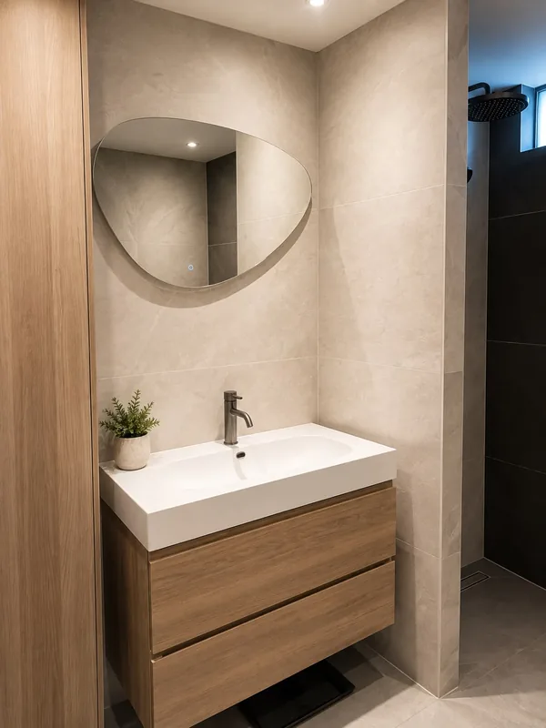 Floating vanity unit with round mirror
