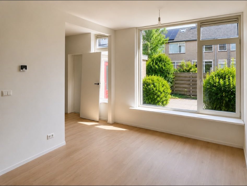Woonkamer Zandsteenlaan na renovatie met nieuwe PVC-vloer en stucwerk
